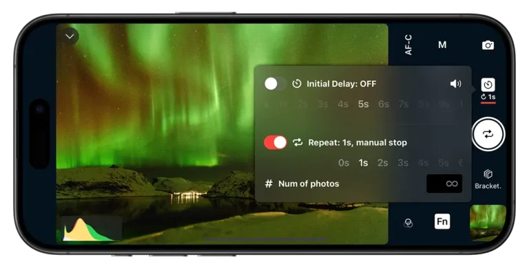 Intervalometer tool available on the Shutter app. Ideal for a variety of photography such as night and astrophotography, time-lapses and more.