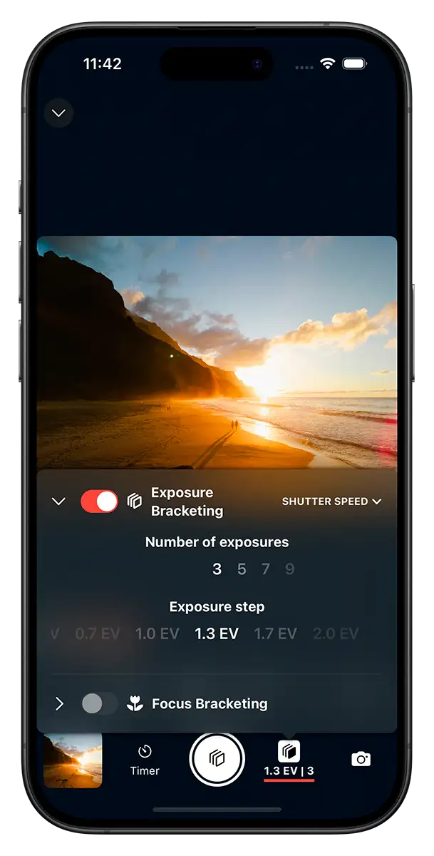 Exposure and Focus bracketing features of Shutter
